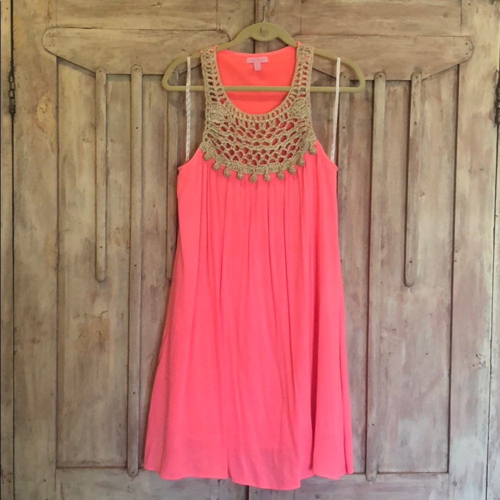 Lilly Pulitzer coral and gold macrame shift dress